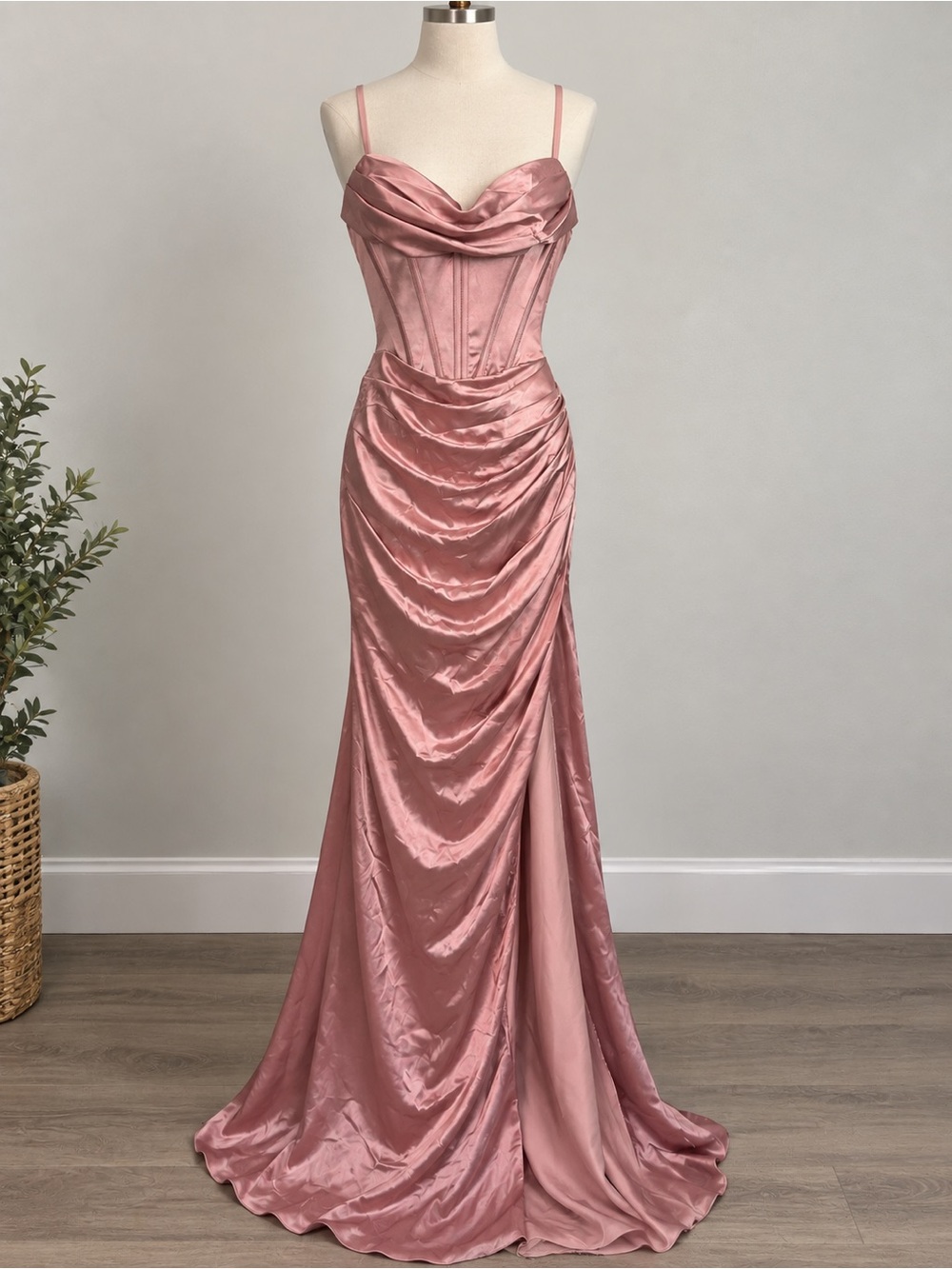 NWT Ryanth Rose Gold Satin Corset Mermaid Maxi Gown | Prom Formal Evening Dress